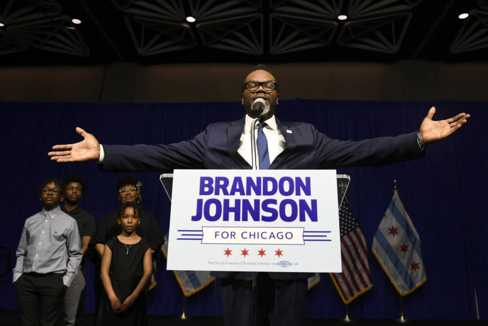 Chicago Mayor-elect Brandon Johnson celebrates with supporters after defeating Paul Vallas after the mayoral runoff election. (Paul Beaty/AP)