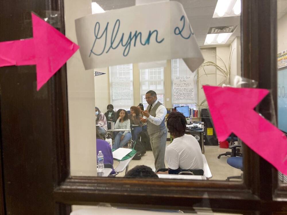 Emmitt Glynn is seen from just outside his classroom at Baton Rouge Magnet High School teaching his second AP African American studies class on Monday, Jan. 30, 2023 in Baton Rouge, La. The College Board later revised the curriculum. (Stephen Smith/AP)