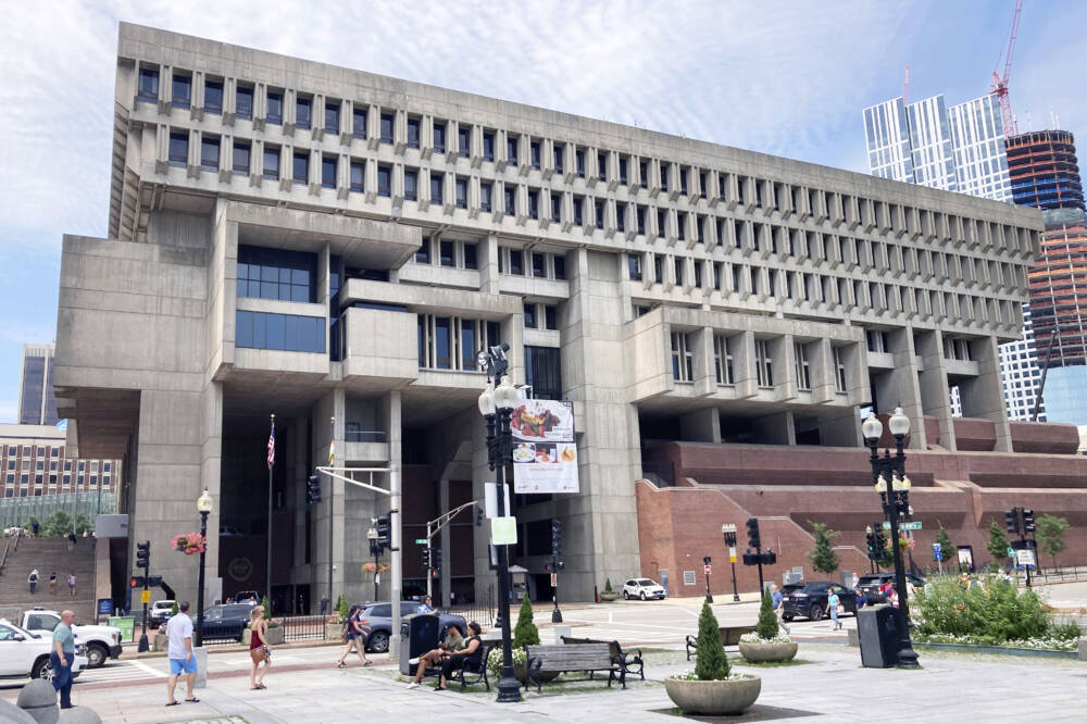 Boston City Hall, built in the Brutalist architectural style, is seen in Boston on Friday, August 13, 2021. (AP Photo/Ted Shaffrey)