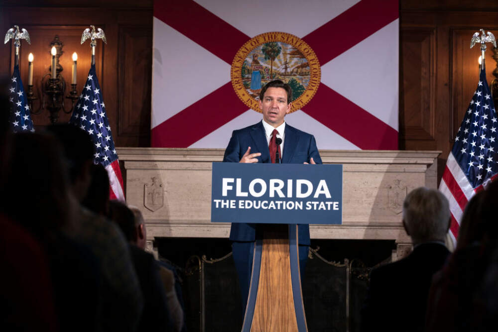 Florida Governor Ron DeSantis speaks after signing three education bills on the campus of New College of Florida in Sarasota, Fla. on Monday, May 15, 2023. (Thomas Simonetti for The Washington Post via Getty Images)