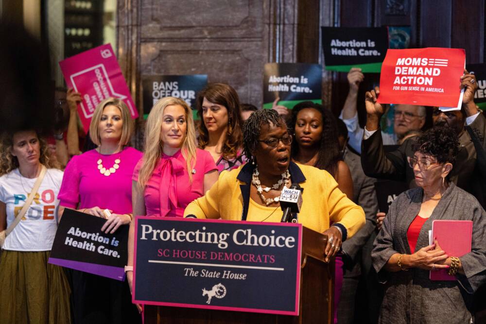 Abortion rights advocates and lawmakers hold a press conference before debate of a bill that would restrict abortions after six weeks, at the South Carolina State House in Columbia, South Carolina, on May 16, 2023.  (Logan Cyrus/AFP via Getty Images)