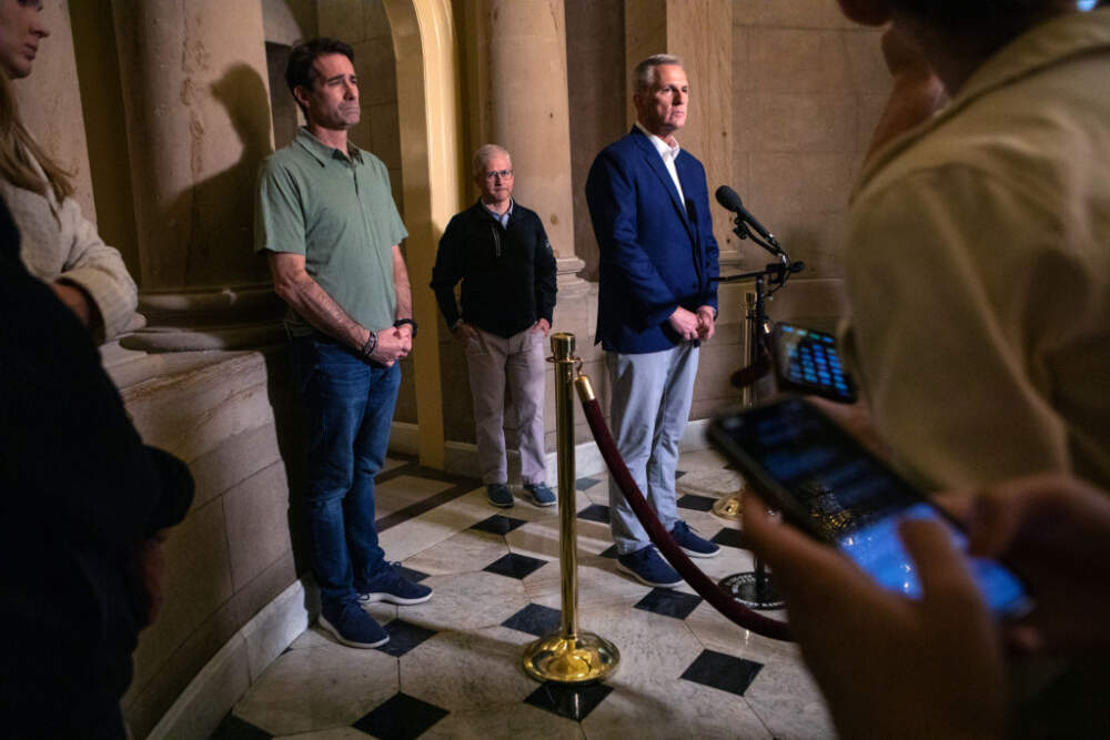 House Speaker Kevin McCarthy and top negotiators speak to the press after an &quot;agreement principle&quot; was reached between House Republicans and President Joe Biden's team to avoid a default on the U.S. debt on May 28, 2023. (Photo by Anna Rose Layden/Getty Images)
