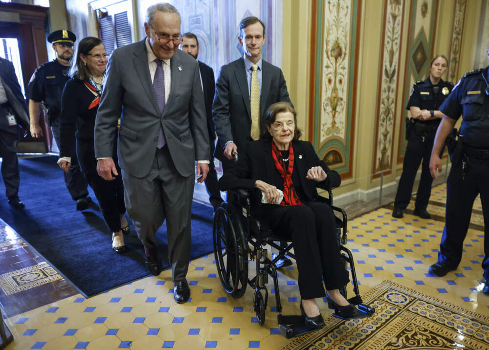 .S. Senate Majority Leader Charles Schumer (D-NY) escorts Sen. Dianne Feinstein (D-CA) as she arrives at the U.S. Capitol following a long absence due to health issues on May 10, 2023 in Washington, DC. Feinstein was fighting a case of shingles and has been absent from the Senate for almost three months. (Kevin Dietsch/Getty Images)
