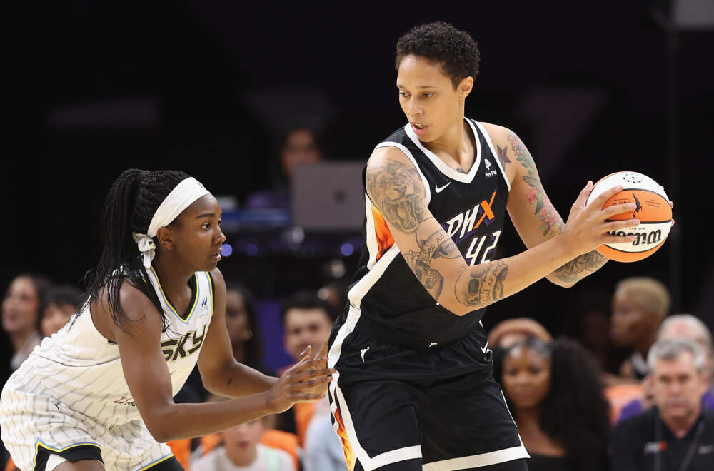 Brittney Griner #42 of the Phoenix Mercury handles the ball against Elizabeth Williams #1 of the Chicago Sky during the first half of the WNBA game at Footprint Center on May 21, 2023 in Phoenix, Arizona. (Christian Petersen/Getty Images)