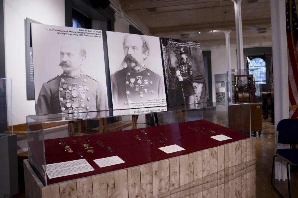 A display at the Springfield Armory shows the late-19th century marksmanship medals that had been stolen decades ago, in Springfield, Massachusetts. (Dani Beekman, National Park Service, via AP)