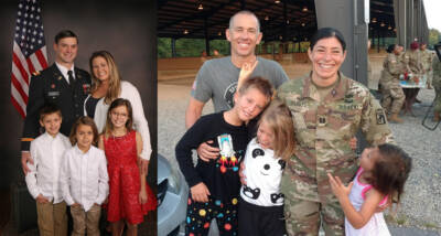 Kayla Doble, her husband Maj. Brandon Doble and their children (left) and Scot Shumski, his wife Capt. Promotable Julia Flores and their children (right). (Courtesy of Kayla Doble and Scot Shumski)