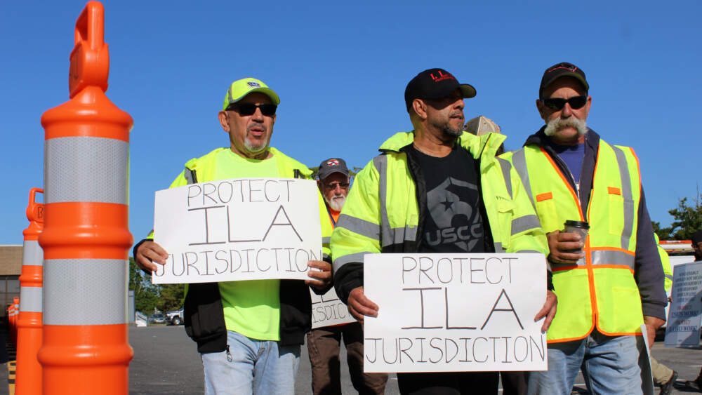 Workers from Local 1413 of the International Longshoremen's Association picket at the New Bedford Marine Commerce Terminal on Friday, May 26, 2023. (Ben Berke/The Public's Radio)