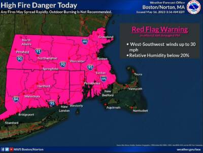 Red flag warning in effect for most of Massachusetts, May 16, 2023. (Courtesy National Weather Service)