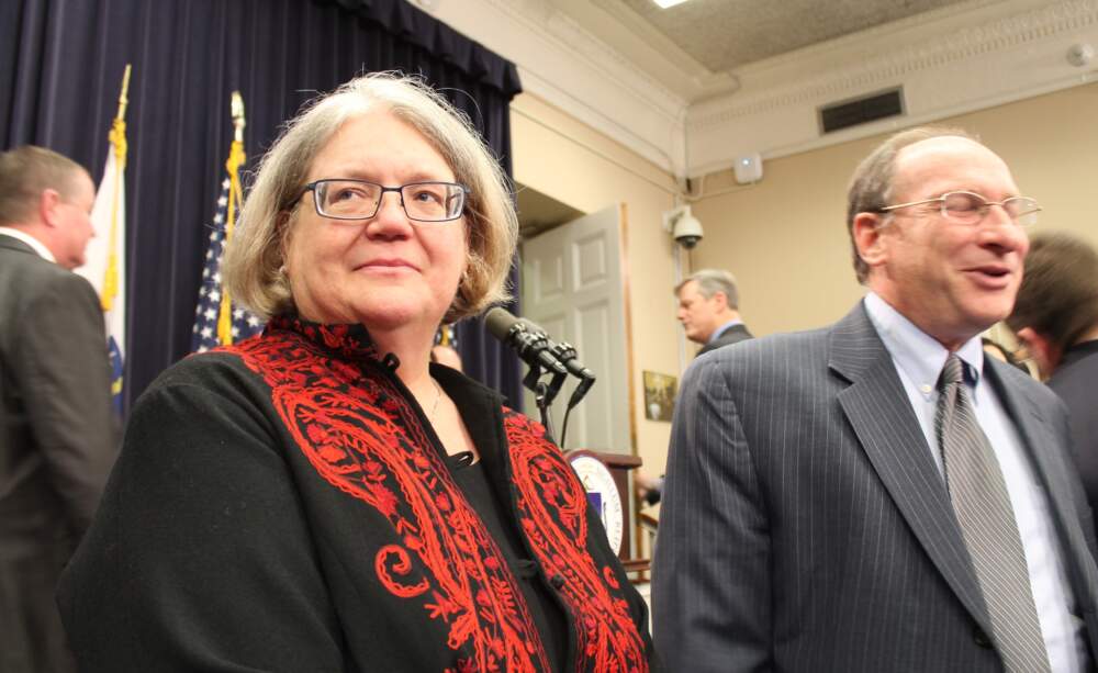 Justice Elspeth Cypher, then a senior judge on the Appeals Court, stands with the late Supreme Judicial Court Chief Justice Ralph Gants at a press conference in 2017. (SHNS)