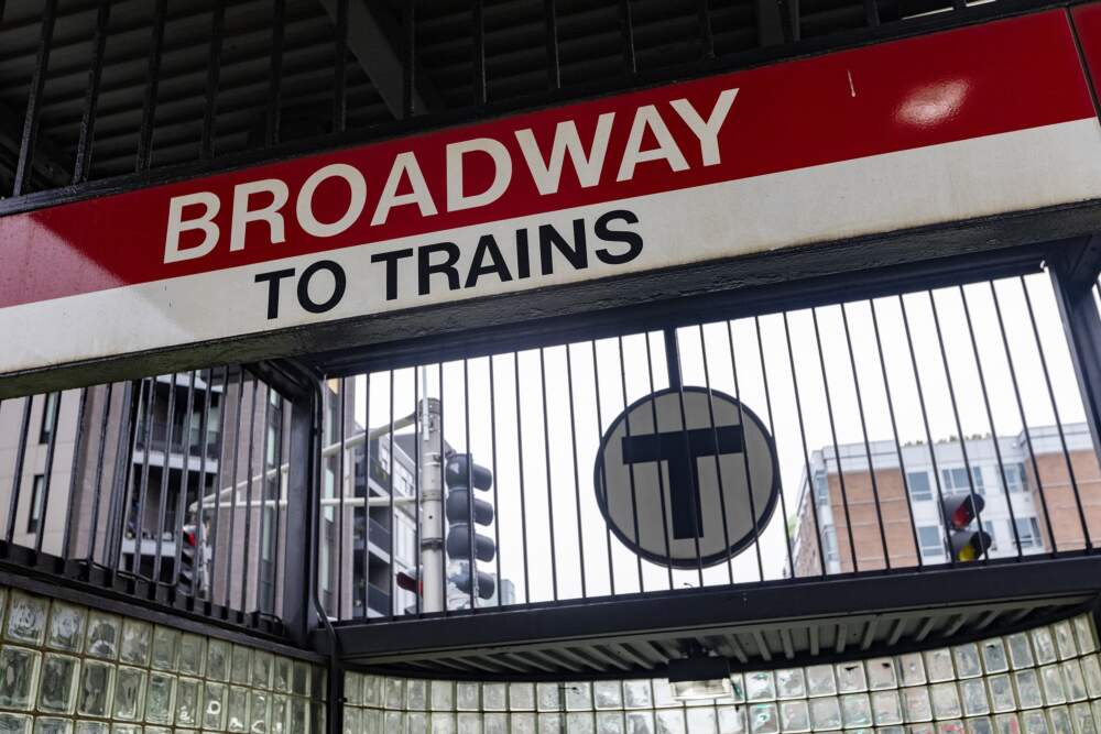 The entranceway of the Broadway MBTA Red Line station. (Jesse Costa/WBUR)