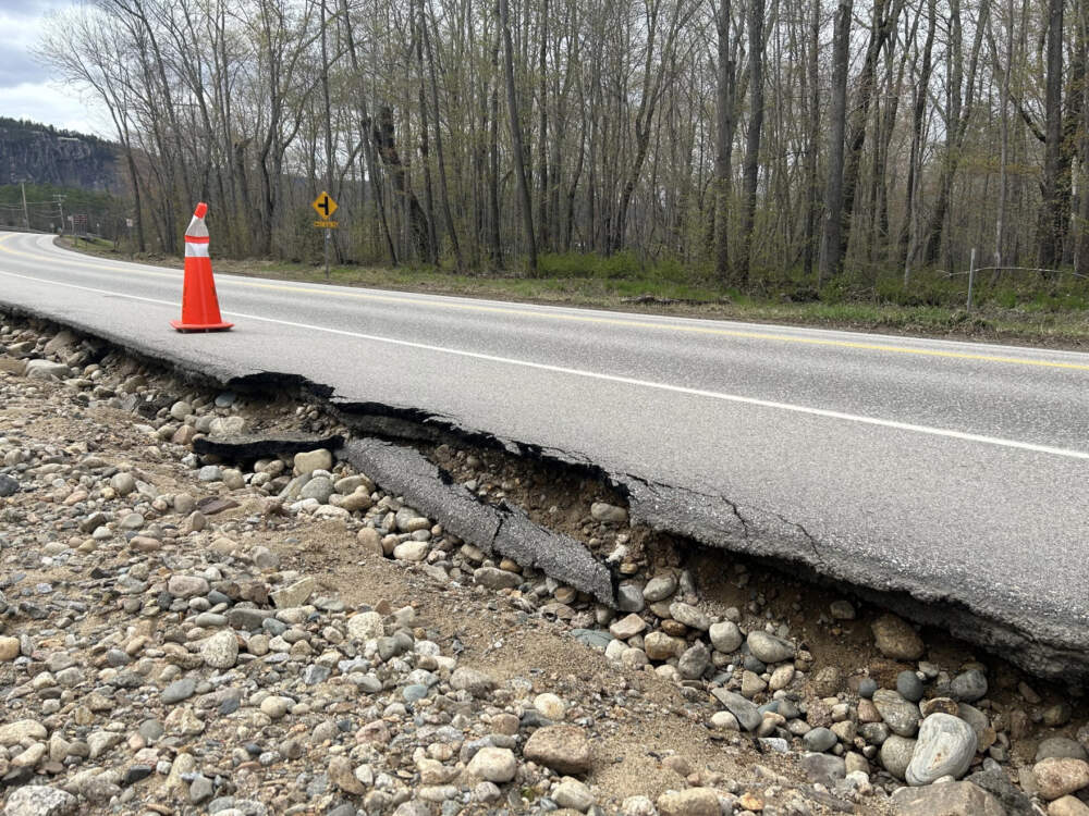 Road damage after heavy rainfall in Conway, NH