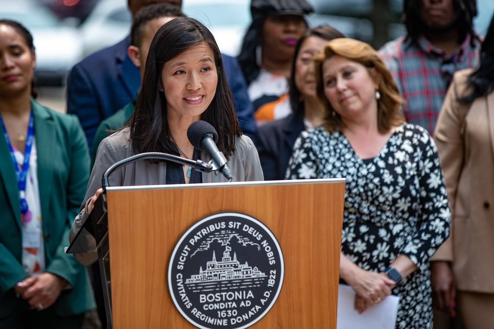 Mayor Michelle Wu and School Superintendent Mary Skipper announce their vision for the expansion of Madison Park Technical Vocational High School and John D. O’Bryant School of Mathematics and Science. (Jesse Costa/WBUR)