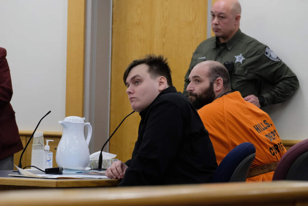 Christopher Hood, left, along with Leo Cullinan, during a hearing in March. (Todd Bookman/NHPR)