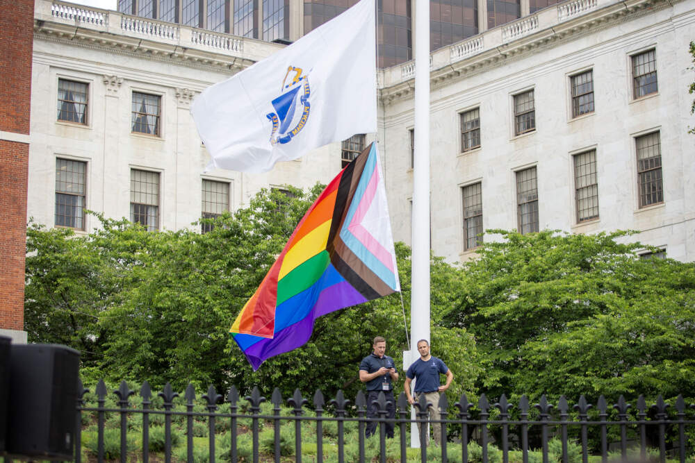 The rainbow flag raised outside the Massachusetts State House in Boston in recognition of Pride Month. (Robin Lubbock/WBUR)