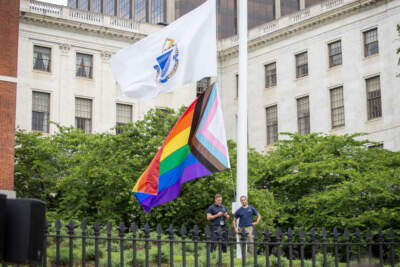 The rainbow flag raised outside the Massachusetts State House in Boston in recognition of Pride Month. (Robin Lubbock/WBUR)