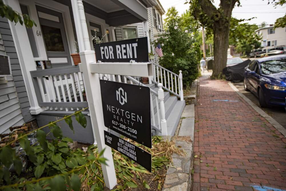 A  “For Rent” sign outside the front of a house in Cambridge. (Jesse Costa/WBUR)