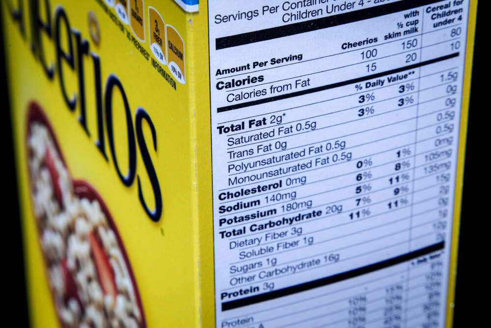 The nutrition facts label on the side of a cereal box. (J. David Ake/AP)