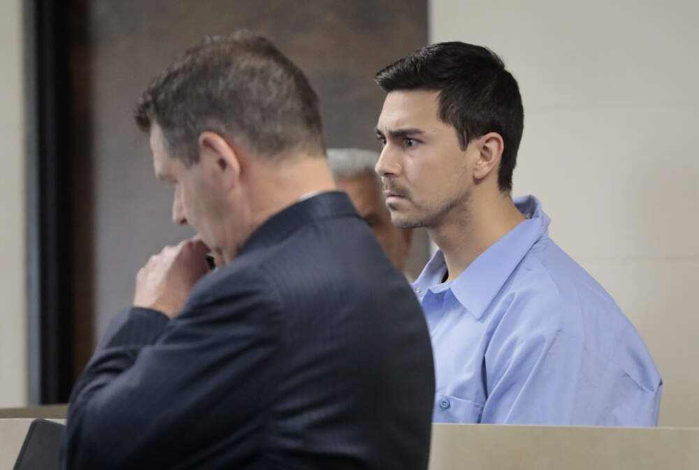 Matthew Nilo is arraigned on rape charges stemming from assaults in Charlestown, in 2007 and 2008 in Suffolk Superior Court in Boston, Monday, June 5, 2023. His attorney, Joseph Cataldo is at left. (Pat Greenhouse/The Boston Globe via AP, Pool)