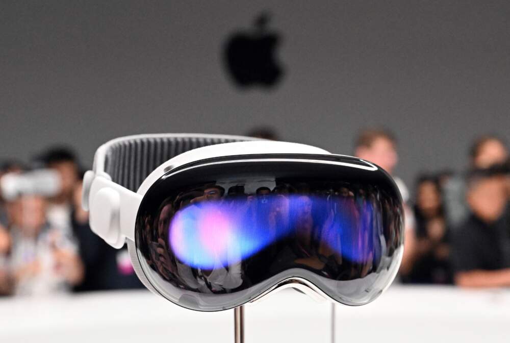 Apple's new Vision Pro virtual reality headset is displayed during Apple's Worldwide Developers Conference (WWDC) at the Apple Park campus in Cupertino, California, on June 5, 2023. (Josh Edelson/AFP via Getty Images)