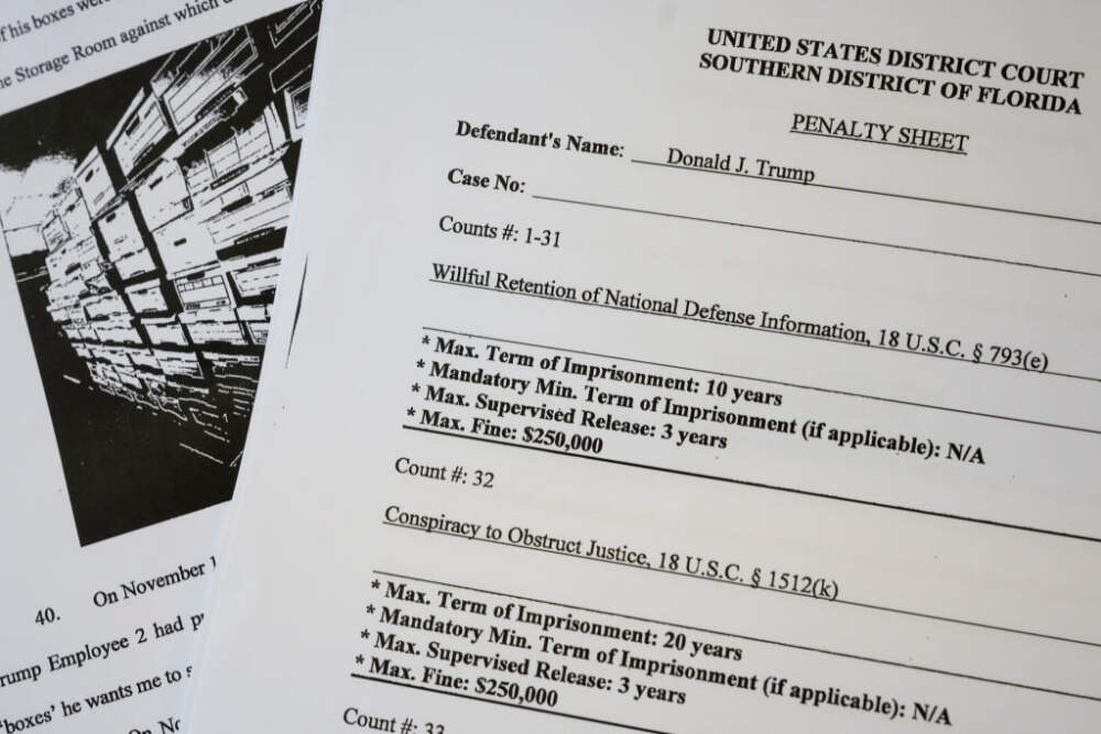 In this photo illustration, pages are viewed from the unsealed federal indictment of former U.S. President Donald Trump on June 9, 2023 in Washington, D.C. Former U.S. President Donald Trump has been indicted on 37 felony counts in Special Counsel Jack Smith's classified documents probe. (Drew Angerer/Getty Images)