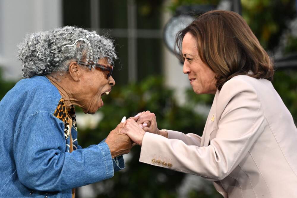 Vice President Kamala Harris (R) greets US teacher and activist Opal Lee prior to a Juneteenth concert on the South Lawn of the White House in Washington, DC, on June 13, 2023. (Andrew Caballero-Reynolds/AFP via Getty Images)