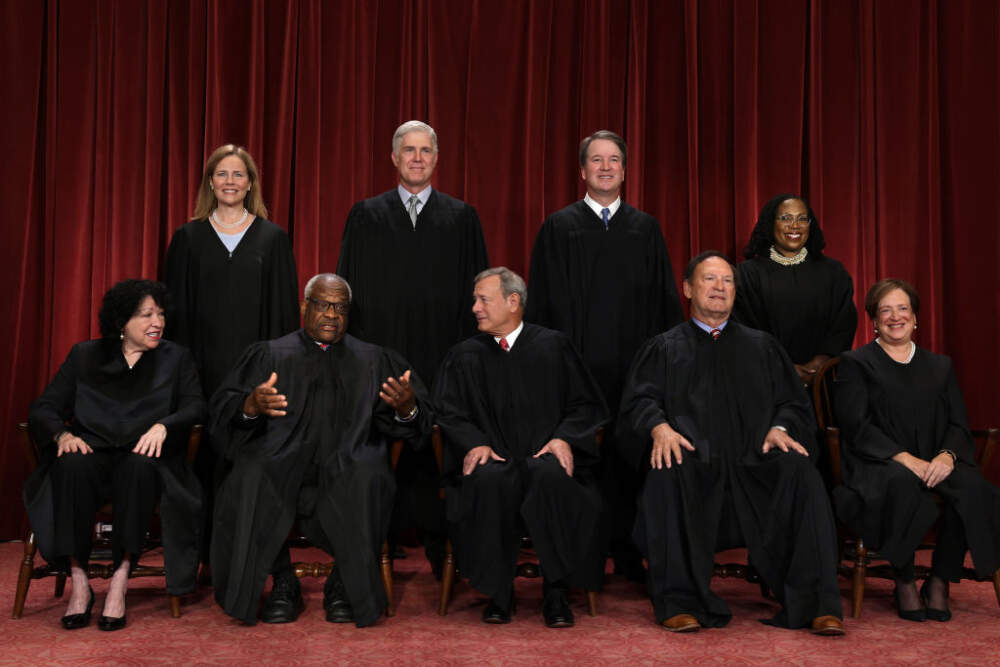 United States Supreme Court (front row L-R) Associate Justice Sonia Sotomayor, Associate Justice Clarence Thomas, Chief Justice of the United States John Roberts, Associate Justice Samuel Alito, and Associate Justice Elena Kagan, (back row L-R) Associate Justice Amy Coney Barrett, Associate Justice Neil Gorsuch, Associate Justice Brett Kavanaugh and Associate Justice Ketanji Brown Jackson pose for their official portrait at the East Conference Room of the Supreme Court building on October 7, 2022 in Washington, DC. (Alex Wong/Getty Images)