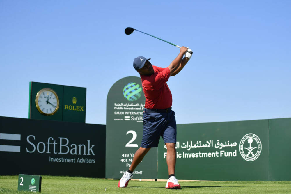 AL MUROOJ, SAUDI ARABIA - FEBRUARY 02: Harold Varner III of the United States tees off from the 2nd hole during Day One of the PIF Saudi International at Royal Greens Golf &amp; Country Club on February 02, 2023 in Al Murooj, Saudi Arabia. (Photo by Tom Dulat/Getty Images)