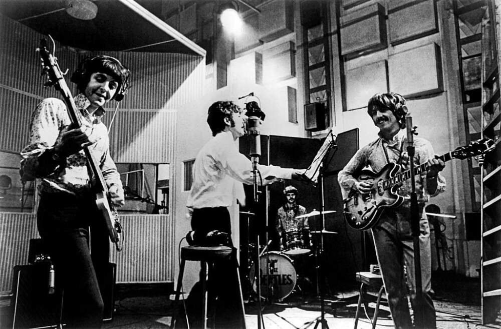 Rock and roll band 'The Beatles' rehearse their song 'All You Need Is Love' for 'Our World' the first live satellite uplink performance broadcast to the world on June 25, 1967 in London, England. (L-R) Paul McCartney, John Lennon, Ringo Starr, George Harrison. (Photo by Michael Ochs Archives/Getty Images)