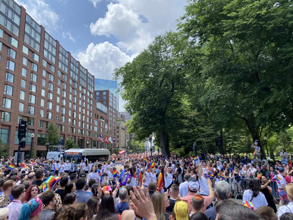 Hundreds of thousands of people lined the parade route for the city's first Pride celebration since 2019. (Walter Wuthmann/WBUR)