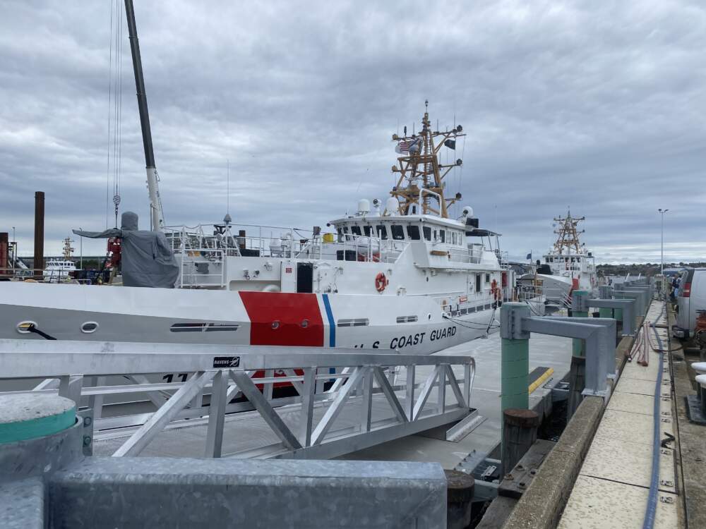 Coast Guard vessels docked at U.S. Coast Guard Base Boston, the coordination command center for the Titan submersible rescue mission. (Walter Wuthmann/WBUR)