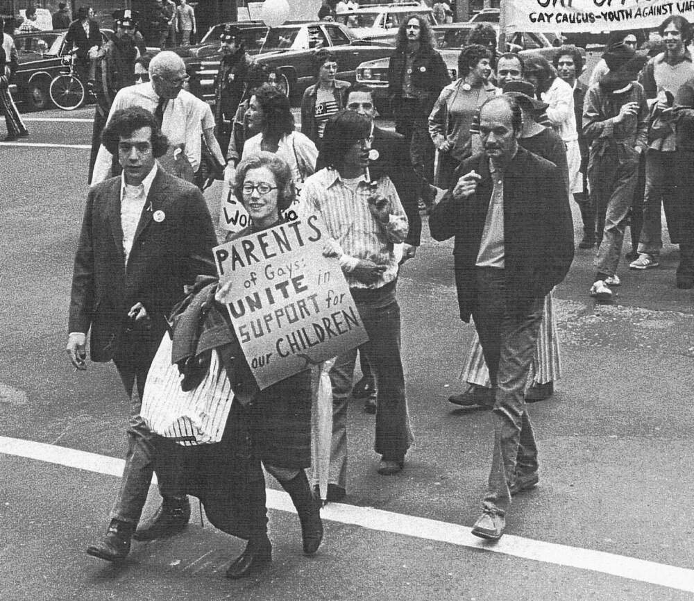 Jeanne Manford, holding the sign “Parents of Gays: Unite in Support for Our Children,” alongside her son, Morty Manford, at the third annual Christopher Street Liberation Day March in New York City, June 25, 1972. (Courtesy of Les Carr/PFLAG National)