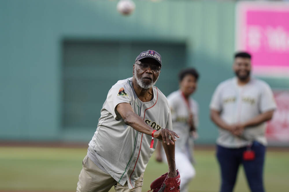 Juneteenth flag designer Ben Haith delivers the ceremonial first pitch from the mound at Fenway Park before Sunday's game between the Boston Red Sox and the New York Yankees baseball game against the Boston Red Sox. (Steven Senne/AP)