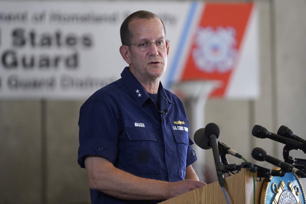U.S. Coast Guard Rear Adm. John Mauger, commander of the First Coast Guard District, speaks to the media, Monday, June 19, 2023, in Boston. A search is underway for a missing submersible that carries people to view the wreckage of the Titanic. (Steven Senne/AP)