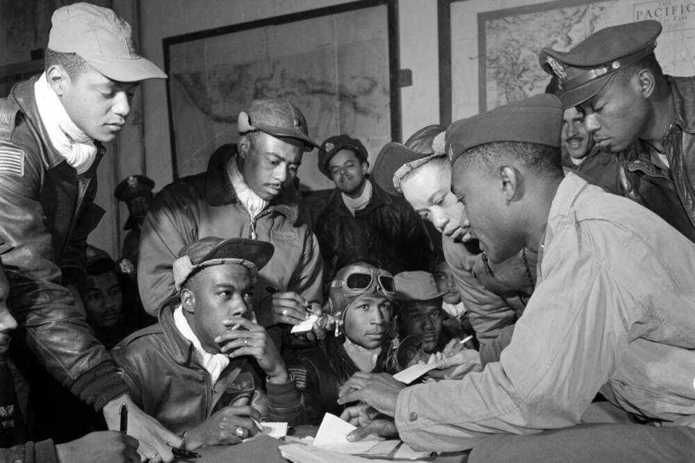 The stories of Tuskegee Airmen, seen in this photograph from Ramitelli, Italy, in March 1945, are part of a permanent exhibit at New England Air Museum. (Toni Frissell/Library Of Congress)