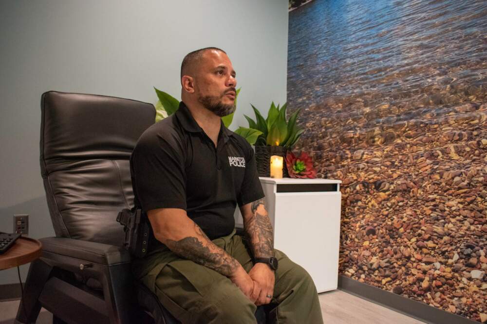 Sgt. Ray Figueroa of the Marietta Police Department in metro Atlanta sits in the agency's new wellness room, which some officers have dubbed “Zen den”. Departments across the country are placing more emphasis on officers' mental health and resiliency. (Katja Ridderbusch)