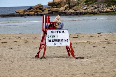 A lifeguard sits in a lifeguard chair at Good Harbor Beach with a sign mounted on the side indicating the creek it is safe for swimming. (Jesse Costa/WBUR)