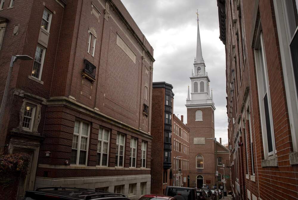 The Old North Church, in the narrow streets of Boston's North End. (Robin Lubbock/WBUR)