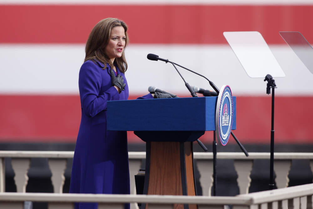 Michigan Secretary of State Jocelyn Benson addresses the crowd during inauguration ceremonies, Jan. 1, 2023, outside the state Capitol in Lansing, Mich. (Al Goldis/AP)