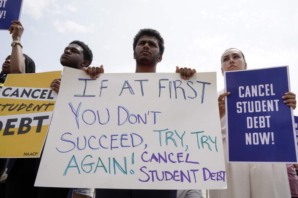 People in favor of canceling student debt protest outside the Supreme Court, Friday, June 30. (Mariam Zuhaib/AP)