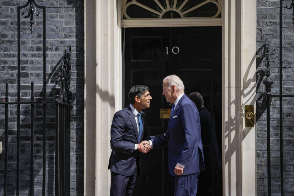 President Biden, right, shakes hands with Britain's Prime Minister Rishi Sunak at 10 Downing Street in London, Monday, July 10, 2023. (Susan Walsh/AP)