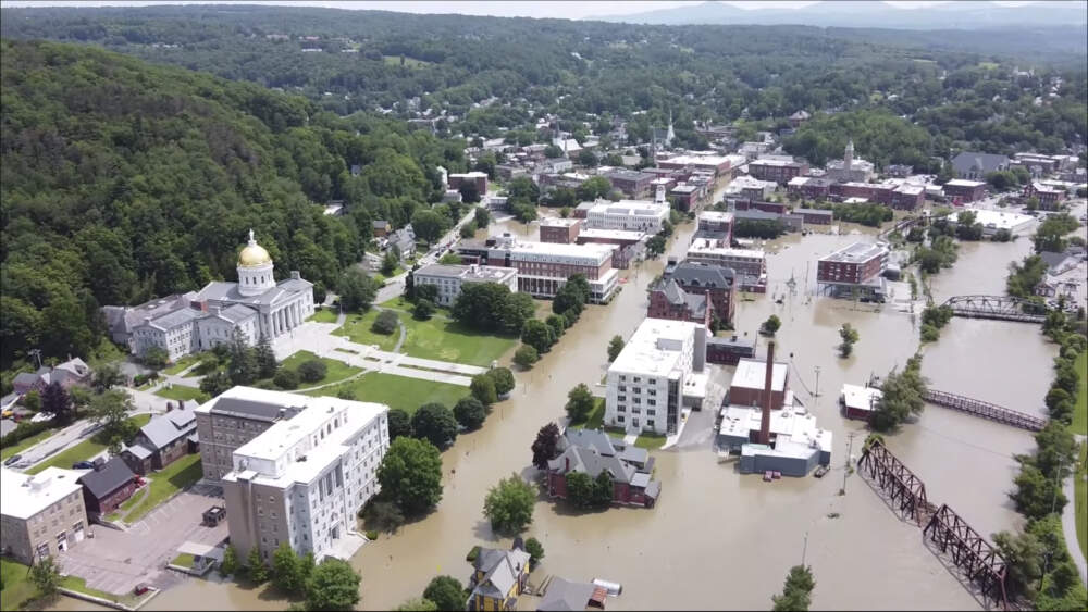 This image made from drone footage provided by the Vermont Agency of Agriculture, Food and Markets shows flooding in Montpelier, Vt., Tuesday, July 11, 2023. (Vermont Agency of Agriculture, Food and Markets via AP)