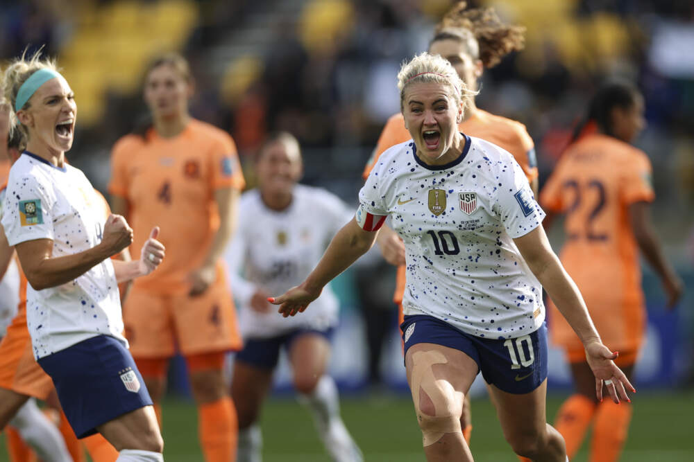 United States' Lindsey Horan celebrates her team's first U.S. goal during the Women's World Cup Group E soccer match between the United States and the Netherlands. (Alysa Rubin/AP)