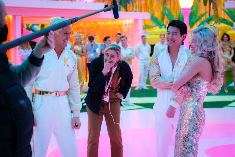 Ryan Gosling, Greta Gerwig, Simu Liu and Margot Robbie on the set of “Barbie.&quot; (Courtesy of Jaap Buitendijk)