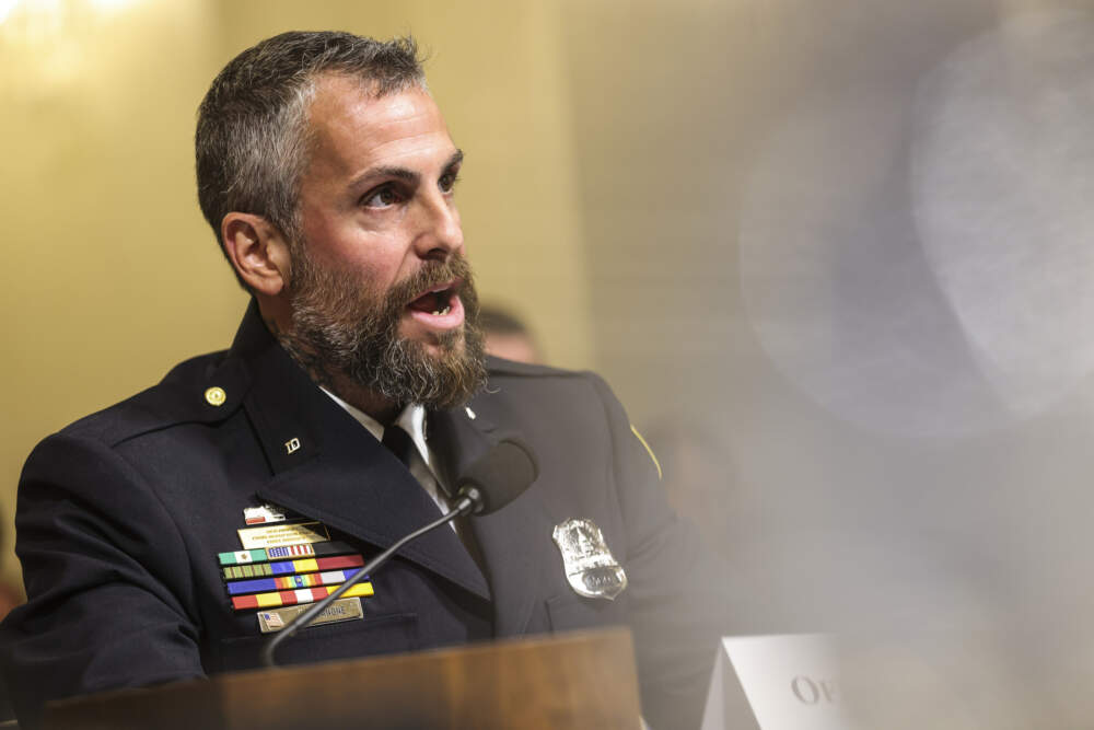 U.S. Capitol Police, Michael Fanone testifies before the House Select Committee investigating the Jan. 6 attack on the U.S. Capitol on July 27, 2021 at the Cannon House Office Building in Washington, D.C. (Oliver Contreras-Pool/Getty Images)