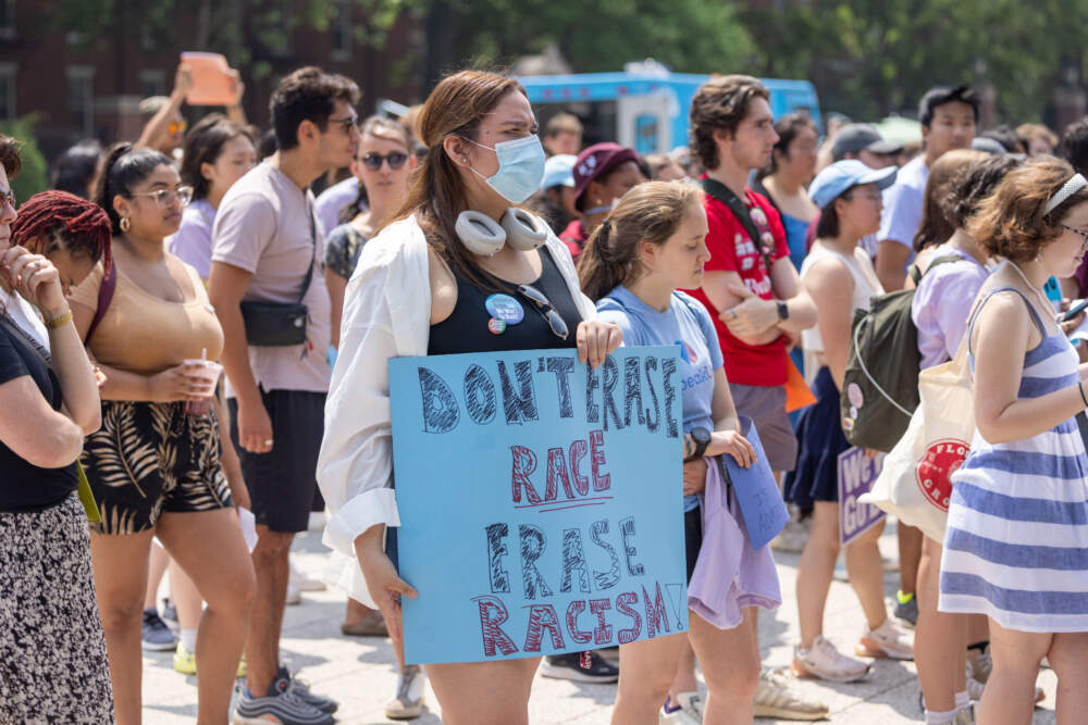 Students and others gather at Harvard University's Science Center Plaza to rally in support of affirmative action after the Supreme Court ruling on July 1, 2023 in Cambridge. (Scott Eisen/Getty Images)