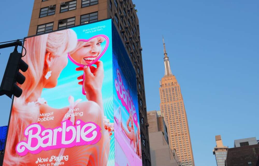 A digital advertisement board displaying a Barbie movie poster is seen in New York, United States on July 24, 2023. (Selcuk Acar/Anadolu Agency via Getty Images)