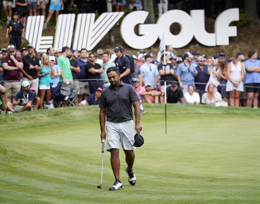 Anirban Lahiri leaves the 18th after missing a putt to force a playoff during the final round of the LIV Golf Invitational-Boston tournament, Sunday, Sept. 4, 2022, in Bolton, Mass. (Mary Schwalm/AP)