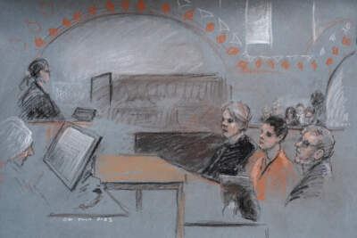 FILE - In this artist depiction, Massachusetts Air National Guardsman Jack Teixeira, seated second from right, appears in U.S. District Court, in Boston, April 19, 2023. The Pentagon on Wednesday announced plans to tighten protection for classified information following the explosive leaks of hundreds of intelligence documents that were accessed through security gaps at a Massachusetts Air National Guard base. Texeira, 21, is accused of leaking the highly classified military documents in a chatroom on Discord, a social media platform that started as a hangout for gamers. (Margaret Small/AP)