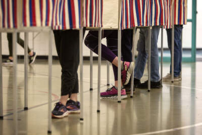 Cambridge voters fill the voting booths at the Baldwin School. (Robin Lubbock/WBUR)