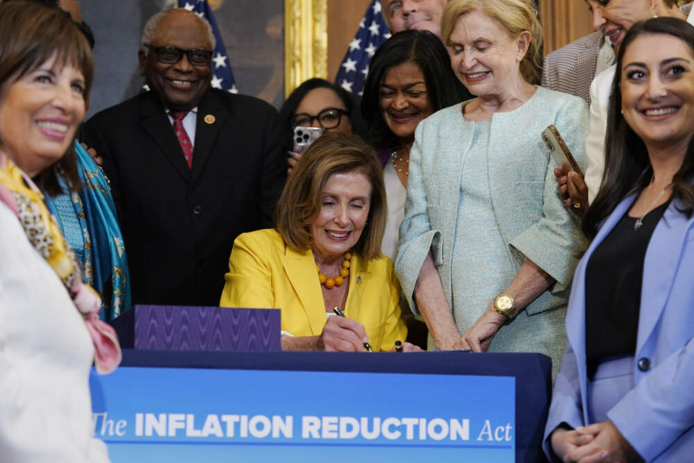 House Speaker Nancy Pelosi signs the Inflation Reduction Act of 2022 during a bill enrollment ceremony on Capitol Hill. (Mariam Zuhaib/AP)